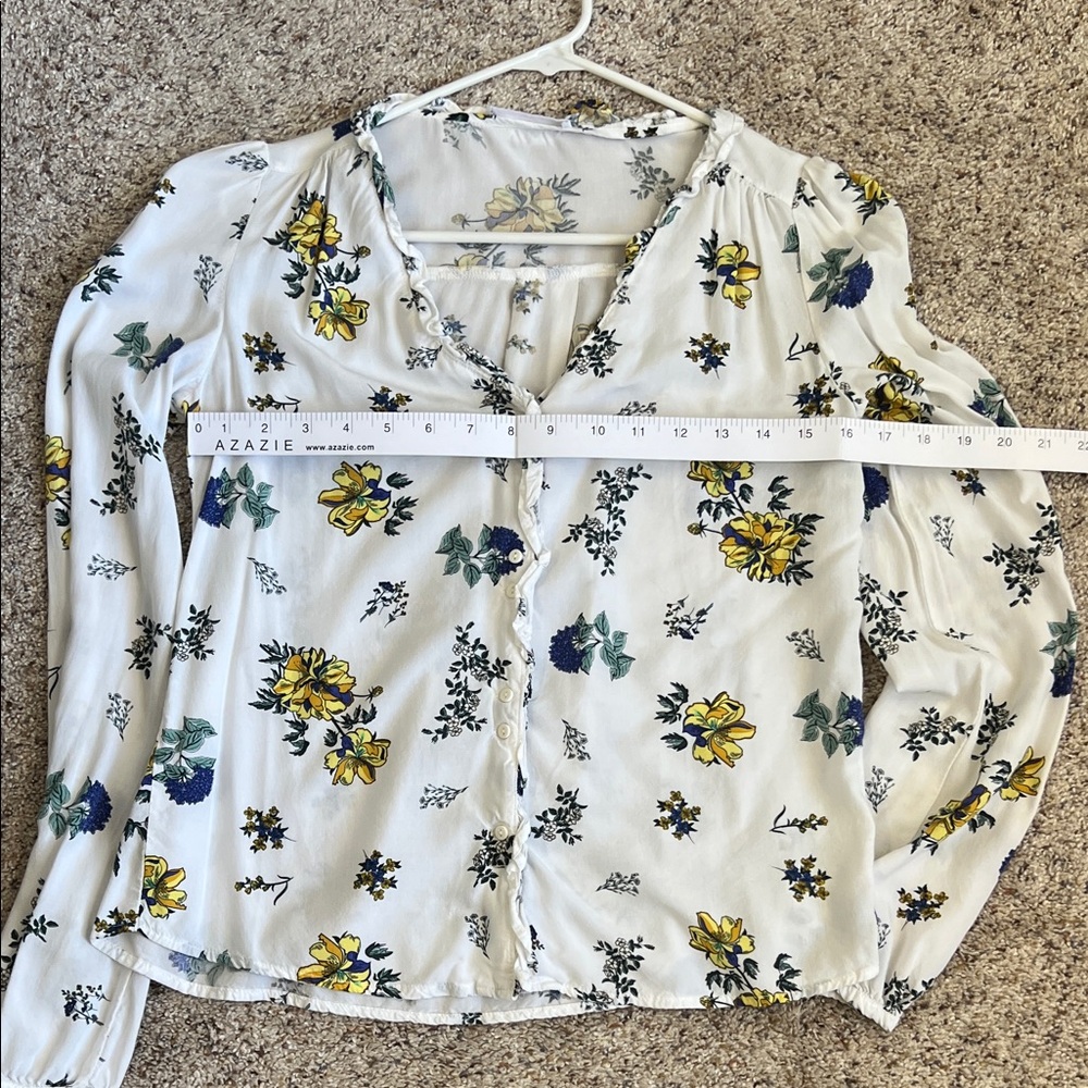 MNG by Mango Casual Floral Button Front Blouse Size XXS White Yellow Blue - Picture 6 of 7